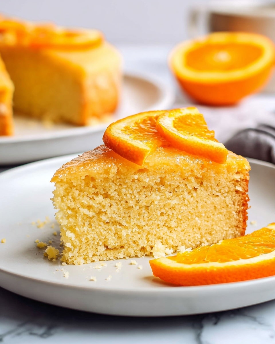 The image shows a single slice of orange cake placed on a white plate. The cake has one thick layer with a soft, moist texture and a light orange color. On top of the cake slice, there is a thin, slightly curled orange slice as decoration. The plate sits on a white marbled surface, and in the background, there is a blurred second slice of the same cake and a whole orange cut in half. The overall scene is bright with natural light highlighting the cake's texture and orange tones. Photo taken with an iphone --ar 4:5 --v 7