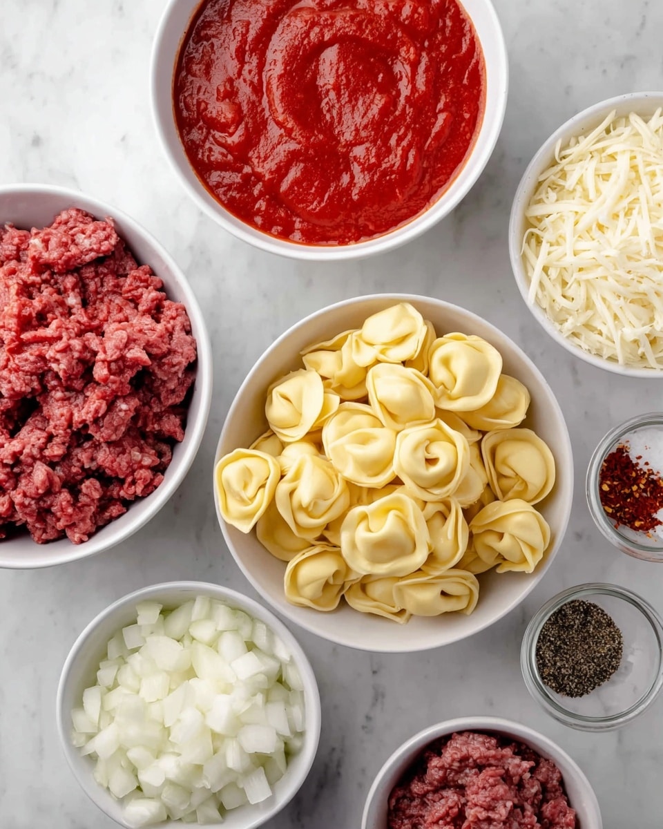 Six white bowls sit on a white marbled surface, each with different ingredients. At the center is a bowl filled with uncooked yellow tortellini pasta. To the top left is a bowl of bright red tomato sauce with a thick, chunky texture. To the top right is a bowl of shredded white cheese with a soft look. At the bottom left is a bowl holding finely chopped white onions. At the bottom right is a small bowl holding three different spices: crushed red chili flakes, black pepper, and white salt. Lastly, in the bottom center, a bowl contains fresh raw ground beef with a finely shredded texture. Photo taken with an iphone --ar 4:5 --v 7