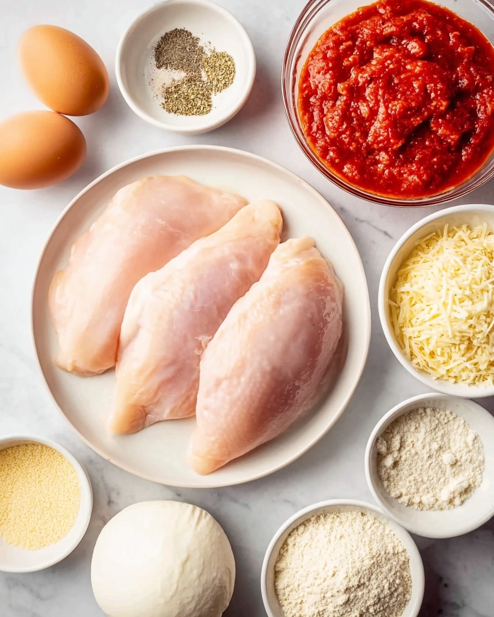 The image shows a white plate with three raw chicken pieces, pale pink and smooth, placed in the center on a white marbled surface. Surrounding the plate are small white bowls holding different ingredients: one filled with chunky bright red tomato sauce at the top right, one with finely grated white cheese at the bottom right, one with light yellow breadcrumbs near the top right, one with white flour just below the breadcrumbs, and one with a whole ball of smooth, off-white mozzarella cheese towards the bottom left. At the top left, there is a small white bowl with three different dry spices in small piles: ground garlic powder, dried oregano, and salt. Two brown eggs are positioned near the top left corner of the image. photo taken with an iphone --ar 4:5 --v 7