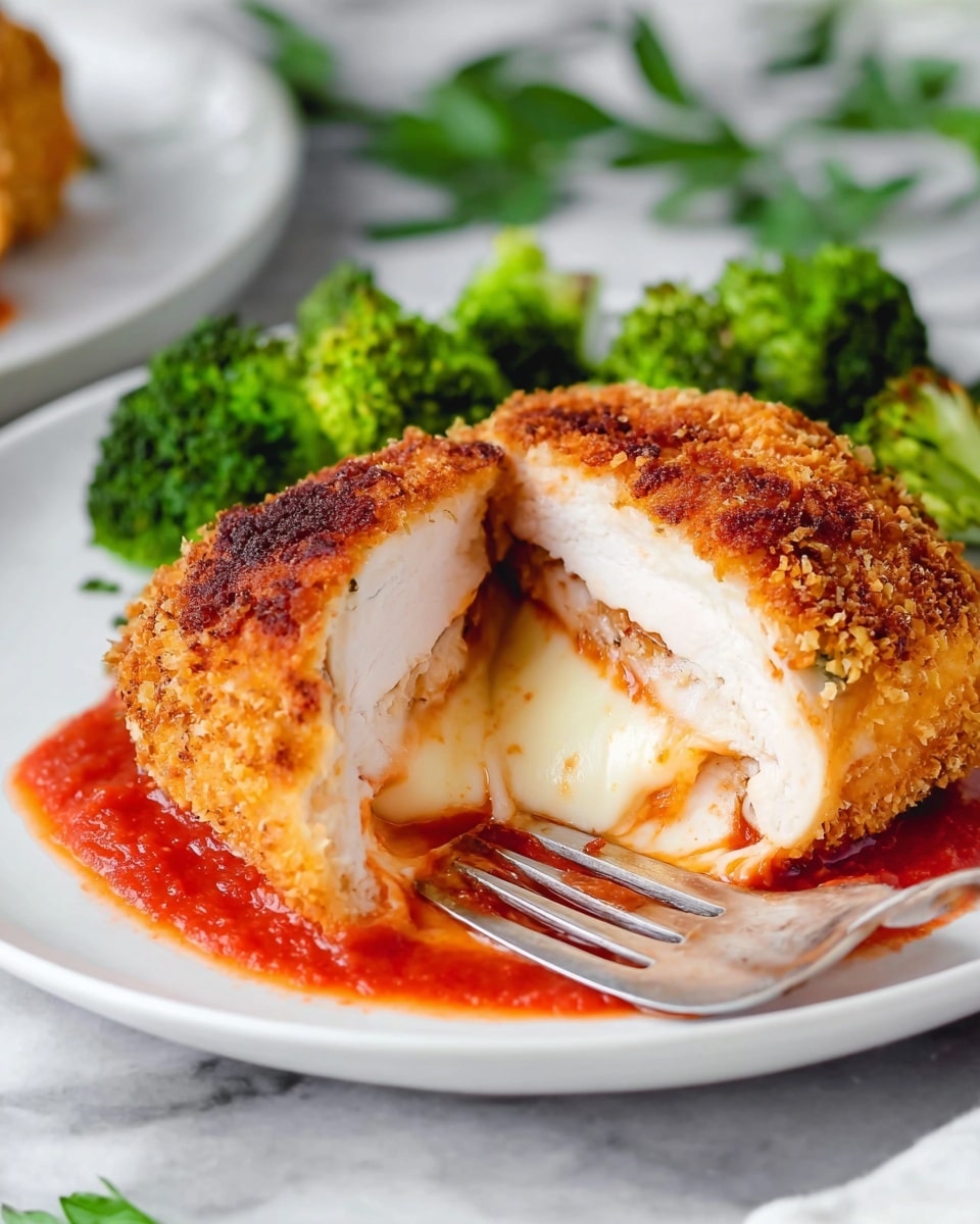 A white plate holds a meal with three main layers. The bottom layer is a bright red tomato sauce spread across the plate. On top of the sauce is a layer of creamy white mashed potatoes, mostly hidden under the next layer. The main top layer is a large, golden-brown breaded piece of food with a crispy texture and some darker spots from cooking. To the side, there are bright green broccoli florets with a fresh and slightly shiny look. The plate is on a white marbled surface with some green herb sprigs nearby. Photo taken with an iphone --ar 4:5 --v 7