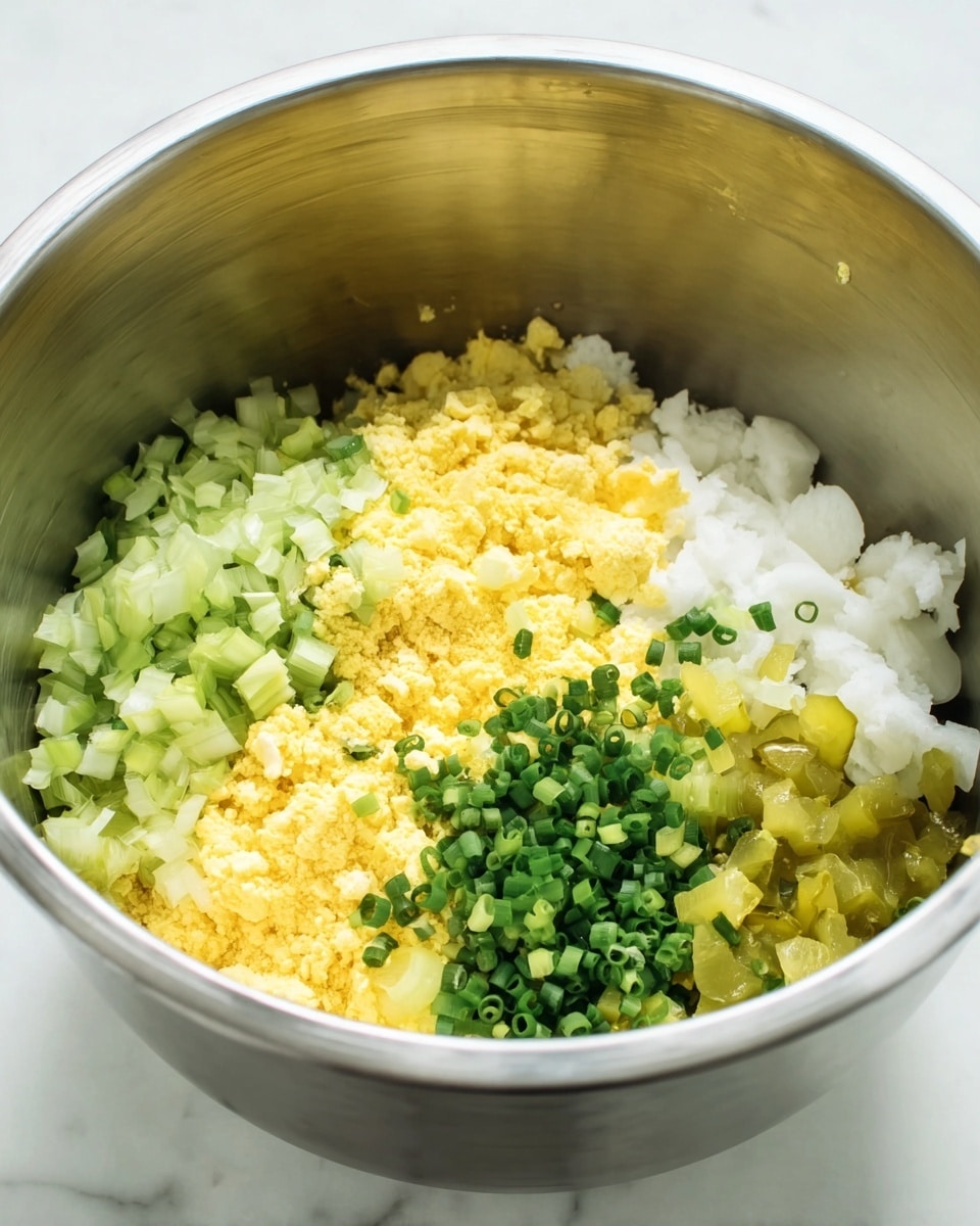 Inside a silver mixing bowl, five layers of ingredients sit side by side without mixing. Starting from the left, the first layer is finely chopped light green celery pieces. Next to it, there is a crumbly yellow layer of egg yolk. The middle layer consists of small white egg whites. To the right of the egg whites, there is a pile of finely chopped green onions, vibrant and fresh. Finally, at the bottom near the front of the bowl, there are small chunks of yellowish-green pickles. The bowl is placed on a white marbled surface. photo taken with an iphone --ar 4:5 --v 7