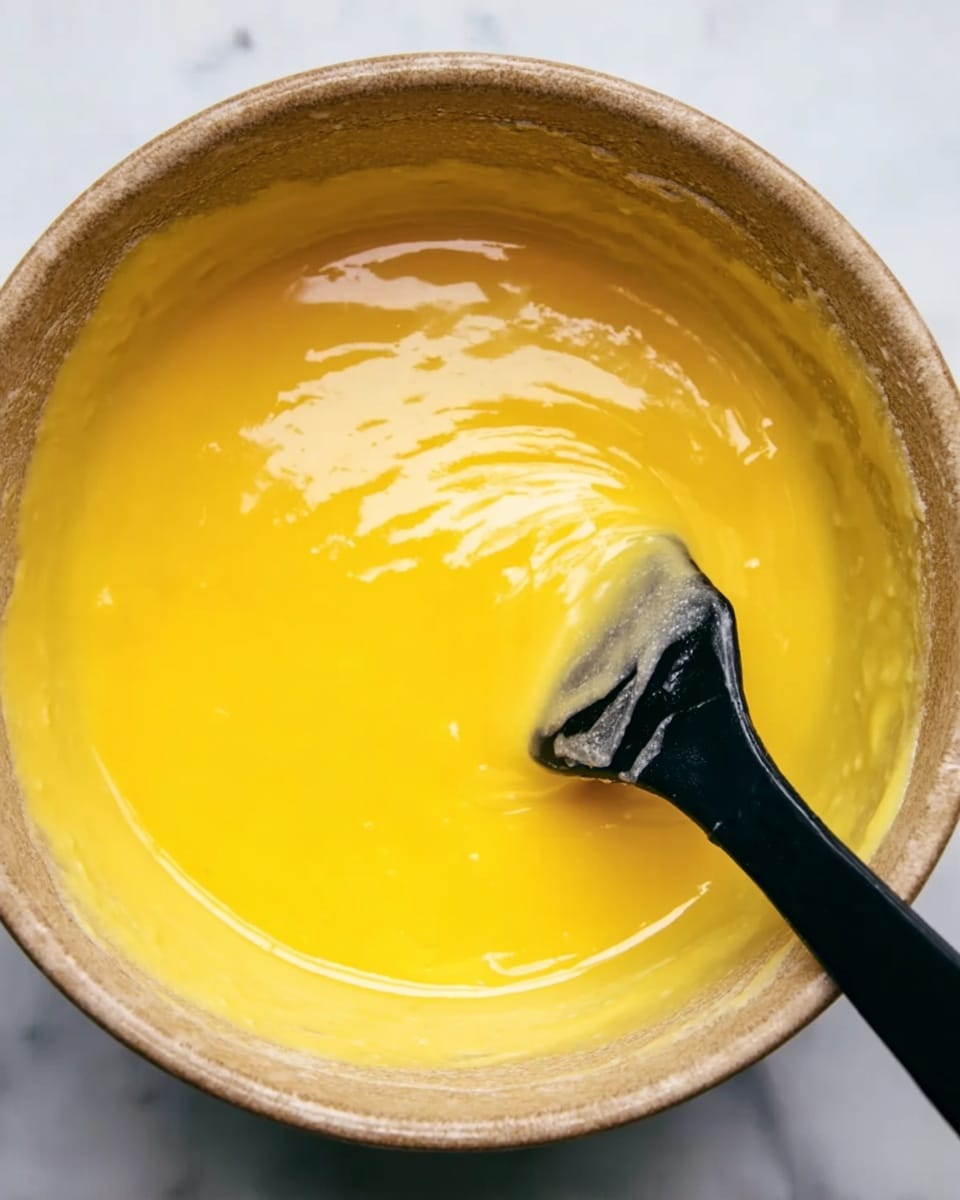 A close-up image of a light brown bowl filled with a smooth, thick bright yellow liquid. A black spatula is partially submerged on the right side, blending the liquid with glossy and creamy texture. The bowl rests on a white marbled surface, creating a clean and simple background. photo taken with an iphone --ar 4:5 --v 7