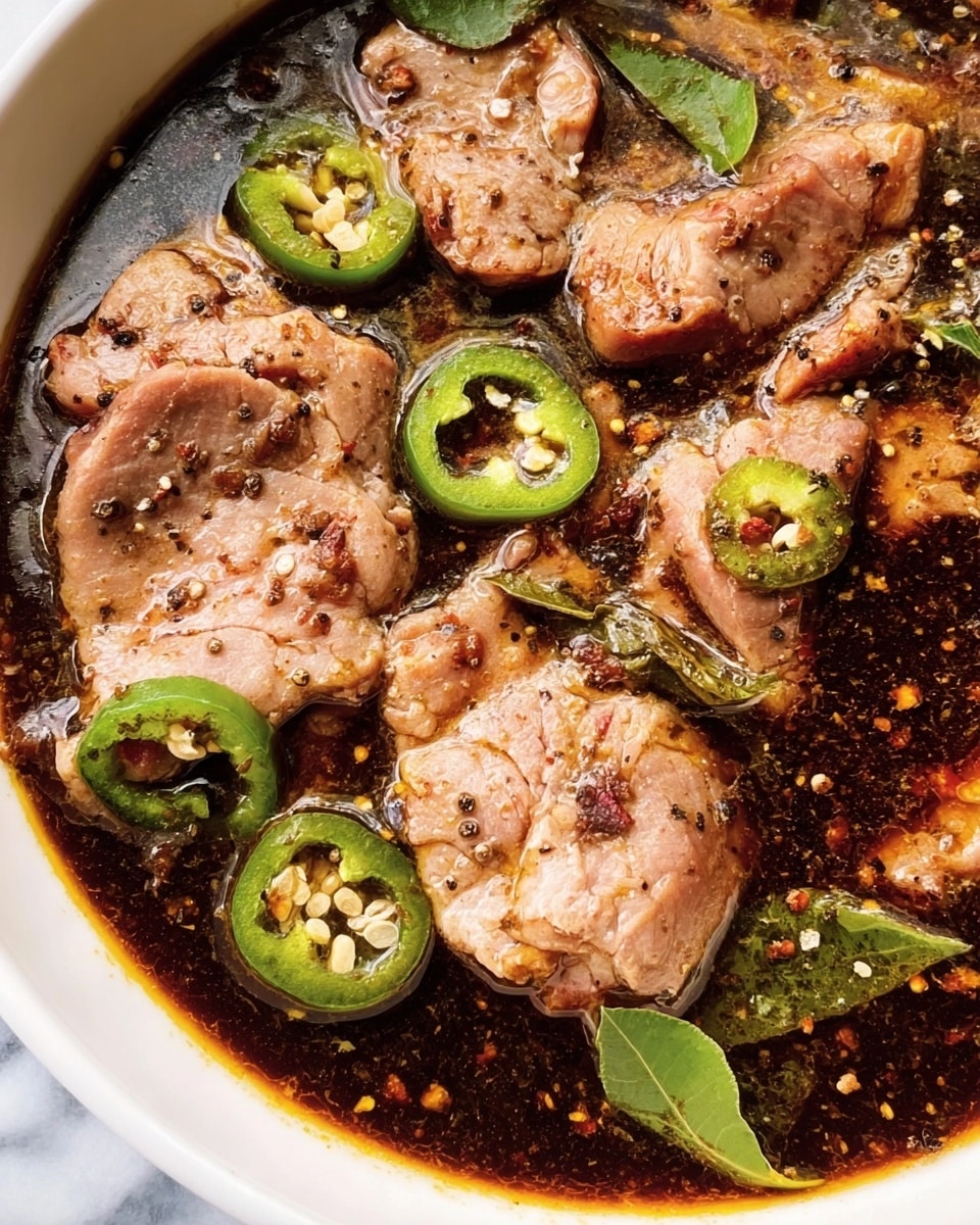 The image shows a white bowl filled with a dark brown sauce, with several pieces of light pink cooked meat floating on top. The meat pieces have some slightly browned and textured edges. Thin slices of green jalapeño peppers are scattered through the sauce, along with a few whole green leaves. The sauce has a shiny, oily surface with small black pepper specks visible throughout. The background is a white marbled texture. photo taken with an iphone --ar 4:5 --v 7