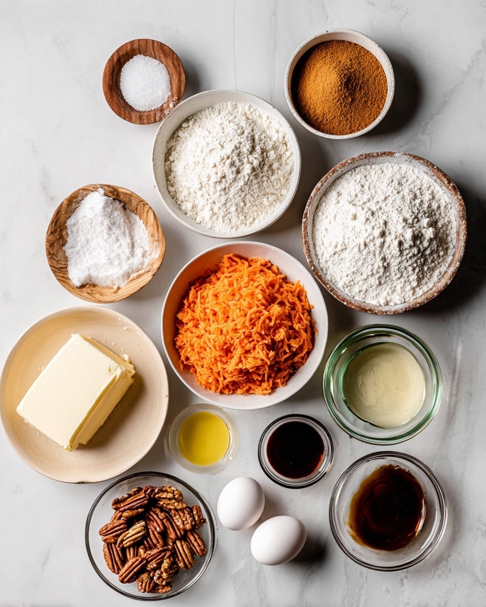 The image shows a flat lay of baking ingredients on a white marbled surface. There is a small wooden bowl of salt in the bottom left corner, next to a partially unwrapped stick of pale yellow butter. Near the butter are two white eggs. In the center bottom is a round bowl filled with finely grated bright orange carrots. Above that, a white bowl holds light brown sugar, and to its left is another white bowl with white flour. To the right of brown sugar is a small clear glass bowl with a golden yellow liquid, and below it is a small glass bowl with dark vanilla extract. Above the flour is a clear bowl full of powdered white sugar. To the right of powdered sugar is a partially unwrapped block of off-white cream cheese sitting next to a clear bowl of brown pecan halves. Near the top left corner is a small wooden bowl holding various brown spices, next to it is a beige bowl with a dollop of white ingredient, possibly sour cream. All the bowls and containers are arranged neatly on the white marbled surface. Photo taken with an iphone --ar 4:5 --v 7