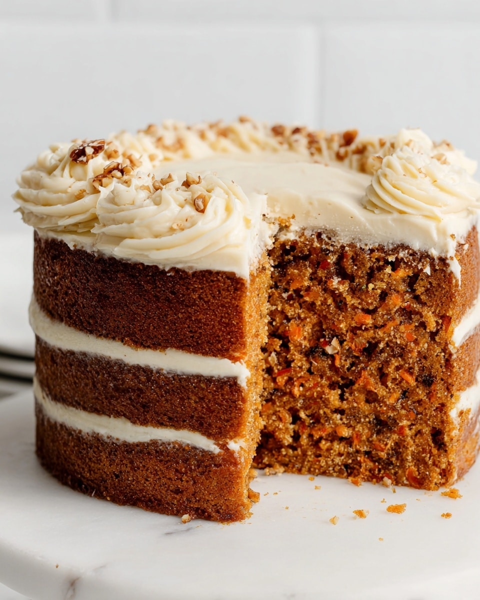 A tall, round cake covered fully with smooth, light beige frosting stands on a white marbled surface. Around the bottom edge is a decorative border made of swirled, thick frosting in the same beige color. On top of the cake, evenly spaced swirls of the same frosting form a ring near the edge, each swirl topped with small pieces of pecans adding a touch of light brown color. The background shows a clean white tiled wall, and near the cake, blurred stacked white plates are visible. The cake looks creamy and soft with simple, neat decoration. Photo taken with an iphone --ar 4:5 --v 7