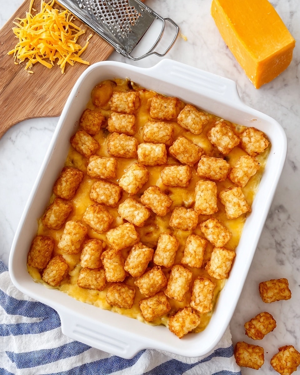 The image shows a white square baking dish filled with one layer of golden brown crispy tater tots arranged closely together on top of a melted bright yellow cheese sauce. Next to the dish, there is a small pile of extra tater tots on the white marbled surface. A wooden cutting board with a large block of orange cheddar cheese and a cheese grater is placed nearby. A striped blue and white cloth is partially visible under the dish. The whole scene is on a white marbled background. Photo taken with an iphone --ar 4:5 --v 7