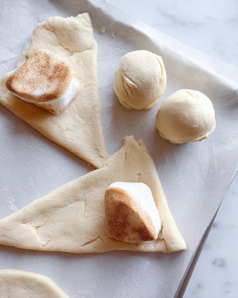 The image shows a baking tray lined with white parchment paper on a white marbled surface. There are two pieces of dough cut into triangle shapes with jagged edges, placed flat on the parchment paper. On each triangle, there is a marshmallow topped with cinnamon sugar, positioned near the wide end of the triangle. Two dough balls are shaped with cinnamon sugar marshmallows partially wrapped inside, showing a smooth pale dough surface. The dough has a soft, slightly matte texture with clear creases where it is folded. Photo taken with an iphone --ar 4:5 --v 7