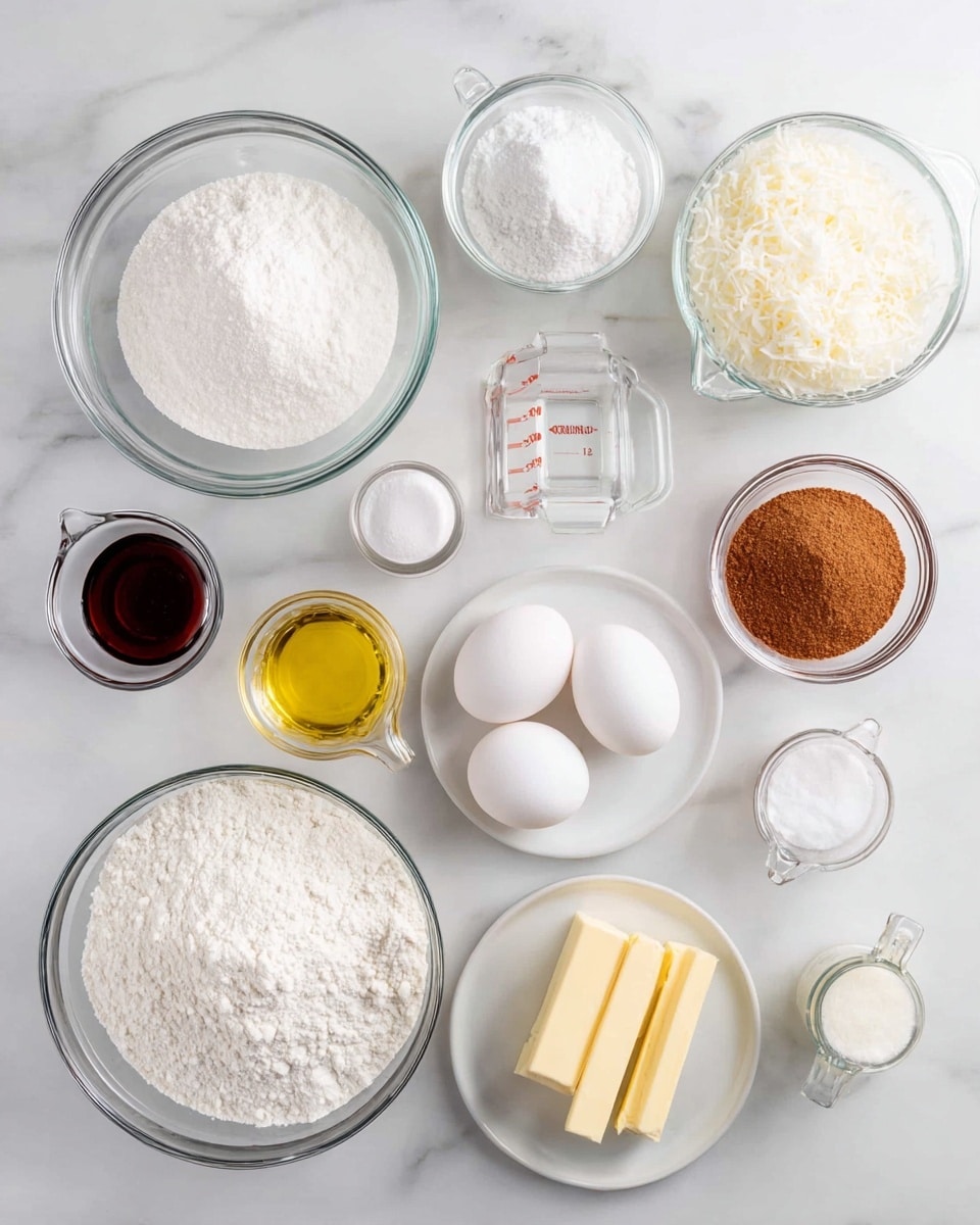 A neat arrangement of clear glass bowls and small white plates with different baking ingredients is spread out on a white marbled surface. There are two white eggs placed near the center, surrounded by white powdered sugar and brown sugar in separate glass bowls, a glass bowl filled with white flour, and another with shredded coconut. Nearby are two small white plates, one holding two yellow sticks of butter and the other with two square white blocks of cream cheese. There are transparent measuring pitchers with yellow oil and clear liquid. Also included are small glass containers with white baking powder, salt, and two small dark amber bottles of vanilla extract. The setup is simple and clean, showcasing all ingredients clearly. Photo taken with an iphone --ar 4:5 --v 7