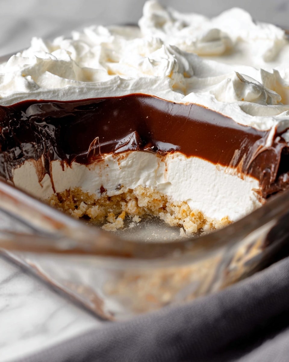 This image shows a close-up of a dessert in a clear glass dish placed on a white marbled surface with a gray cloth underneath. The dessert has four distinct layers: the bottom layer is a crumbly, pale beige crust with small nut pieces, the second layer is thick and white like cream, the third layer is a smooth, shiny dark brown chocolate topping, and the top layer is fluffy white whipped cream with soft swirls. A piece of the dessert is scooped out, revealing the layers clearly. photo taken with an iphone --ar 4:5 --v 7
