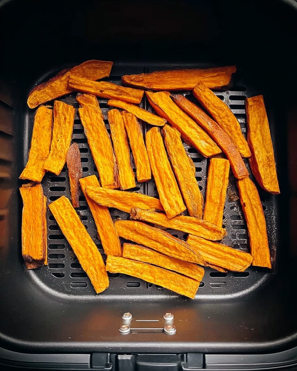 Inside a black air fryer basket, there are about twenty thick, orange sweet potato sticks spread out in a single layer. The sweet potato sticks have a slightly crispy and roasted texture with some brownish edges, showing they are partially cooked. The air fryer basket has a grid pattern at the bottom, and the sides are smooth and dark. The lighting highlights the vibrant orange color of the sweet potatoes, contrasting with the black basket. The photo is taken with an iphone --ar 4:5 --v 7