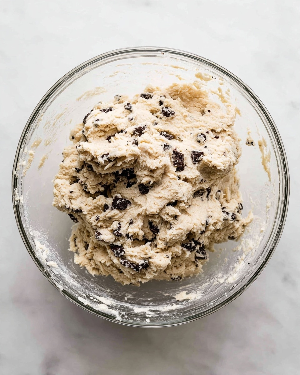 A clear glass bowl filled with thick, light beige dough mixed with dark chocolate chunks. The dough looks textured and slightly crumbly, with bits of chocolate scattered unevenly across it. The bowl is placed on a white marbled surface, and the edges of the bowl show some dough stuck to the sides. The image is bright and clean, showing the mixture from a top-down view. photo taken with an iphone --ar 4:5 --v 7