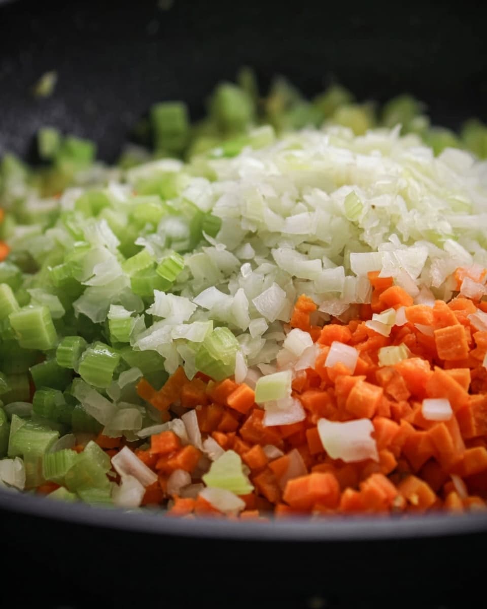 A close-up view of a black pan filled with three layers of finely chopped vegetables: the bottom layer is small pieces of bright orange carrots, the middle layer consists of chopped light green celery, and the top layer is finely diced white onions. The mixture looks fresh and ready for cooking, with a soft texture visible in the small vegetable pieces. The background is dark, focusing attention on the colorful vegetables in the pan. Photo taken with an iphone --ar 4:5 --v 7