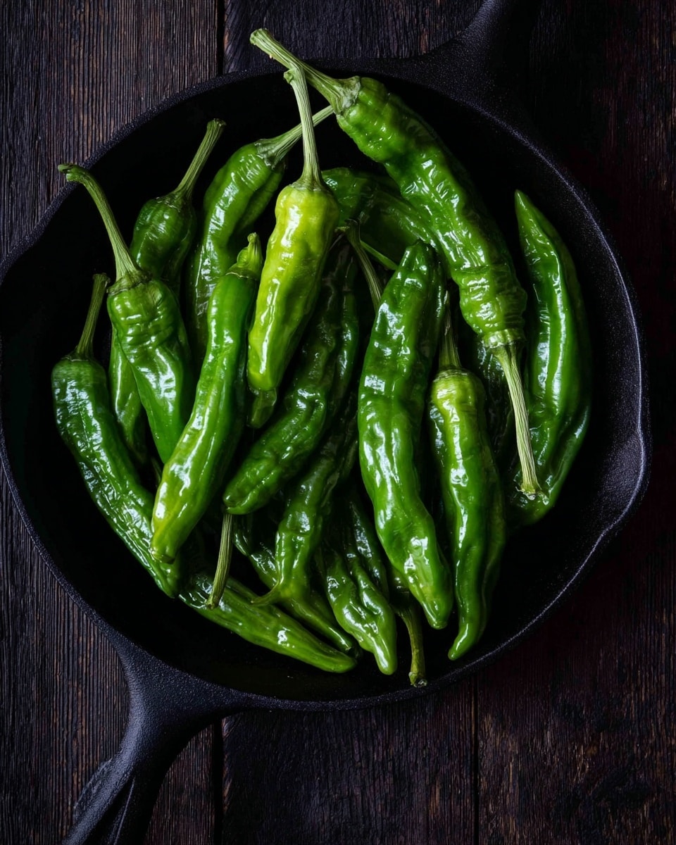 A black cast iron pan filled with several long, shiny green peppers, each with smooth, slightly wrinkled skin and curved stems, sits on a dark wooden surface. The peppers are layered randomly, some overlapping, showing their glossy texture and bright green color. photo taken with an iphone --ar 4:5 --v 7