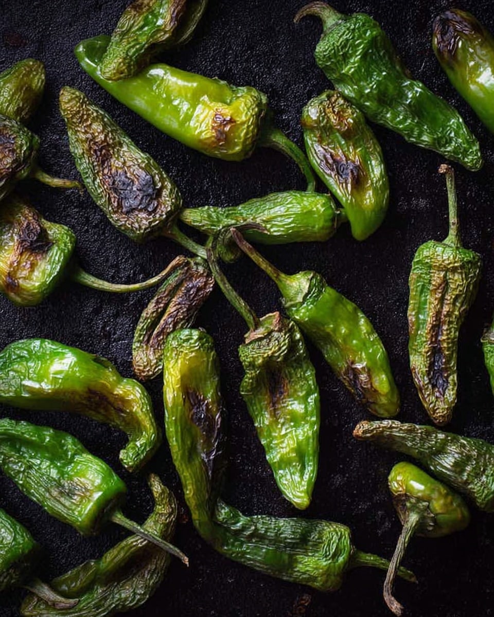 The image shows a close-up of many small green peppers with charred spots on their wrinkled skin, scattered on a black pan surface. The peppers have a shiny, slightly oily texture, showing different shades of green from light to dark. Some peppers are curved, while others are straight, with small stems attached. The dark background contrasts with the bright green colors of the peppers, highlighting their seared details. photo taken with an iphone --ar 4:5 --v 7