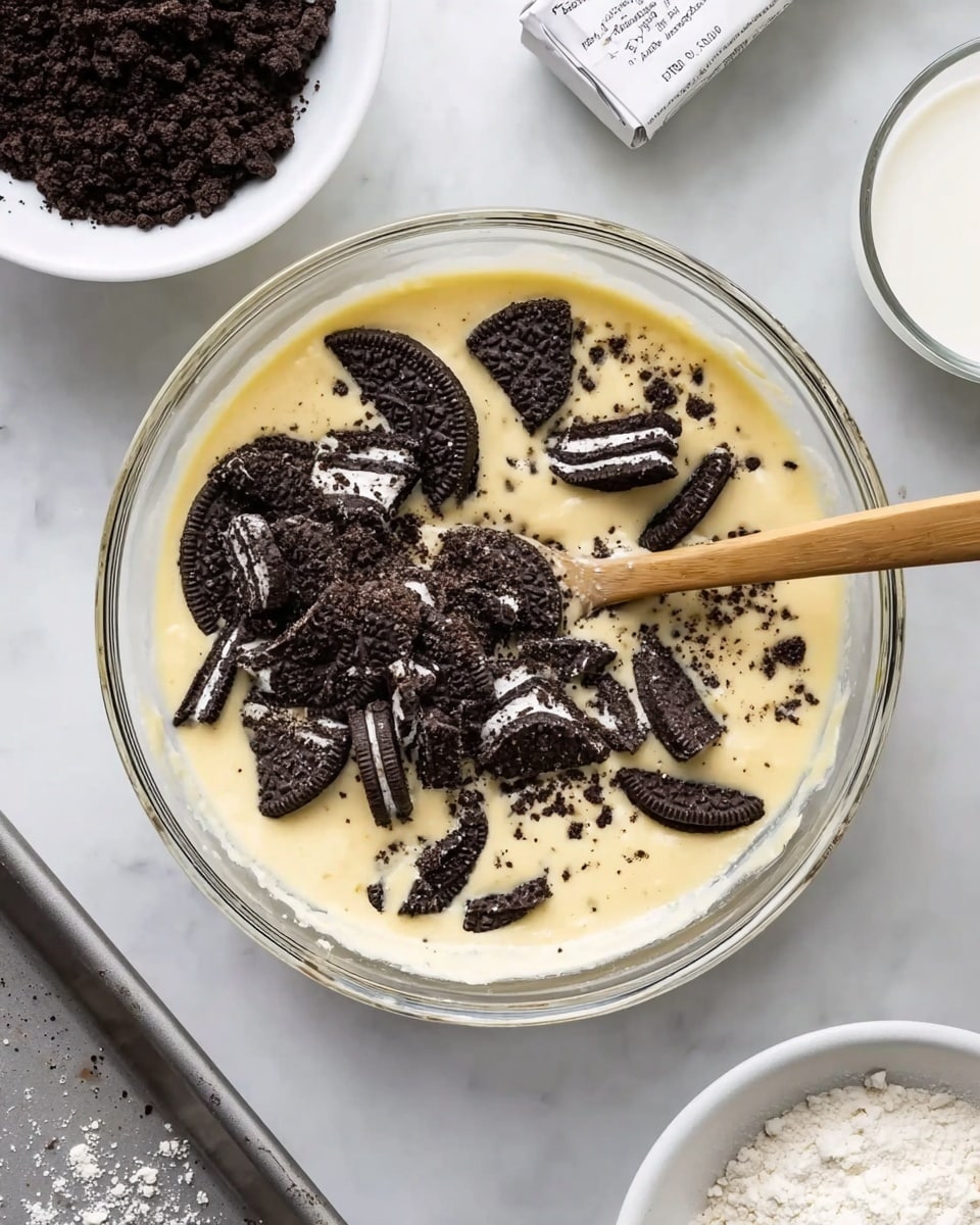 A clear glass bowl filled with light yellow batter that is smooth and thick, with many broken dark chocolate sandwich cookies mixed on top; a wooden spoon with a clear handle rests inside the bowl, partly covered by the batter and cookies. The bowl sits on a white marbled surface, surrounded by a white bowl of crushed dark chocolate cookies on the top left, a pack of white butter partially unwrapped above the glass bowl, a glass of milk on the top right, and a white bowl of white powder (likely sugar or flour) near the bottom right. The edges of a metal baking pan are visible on the bottom left. photo taken with an iphone --ar 4:5 --v 7