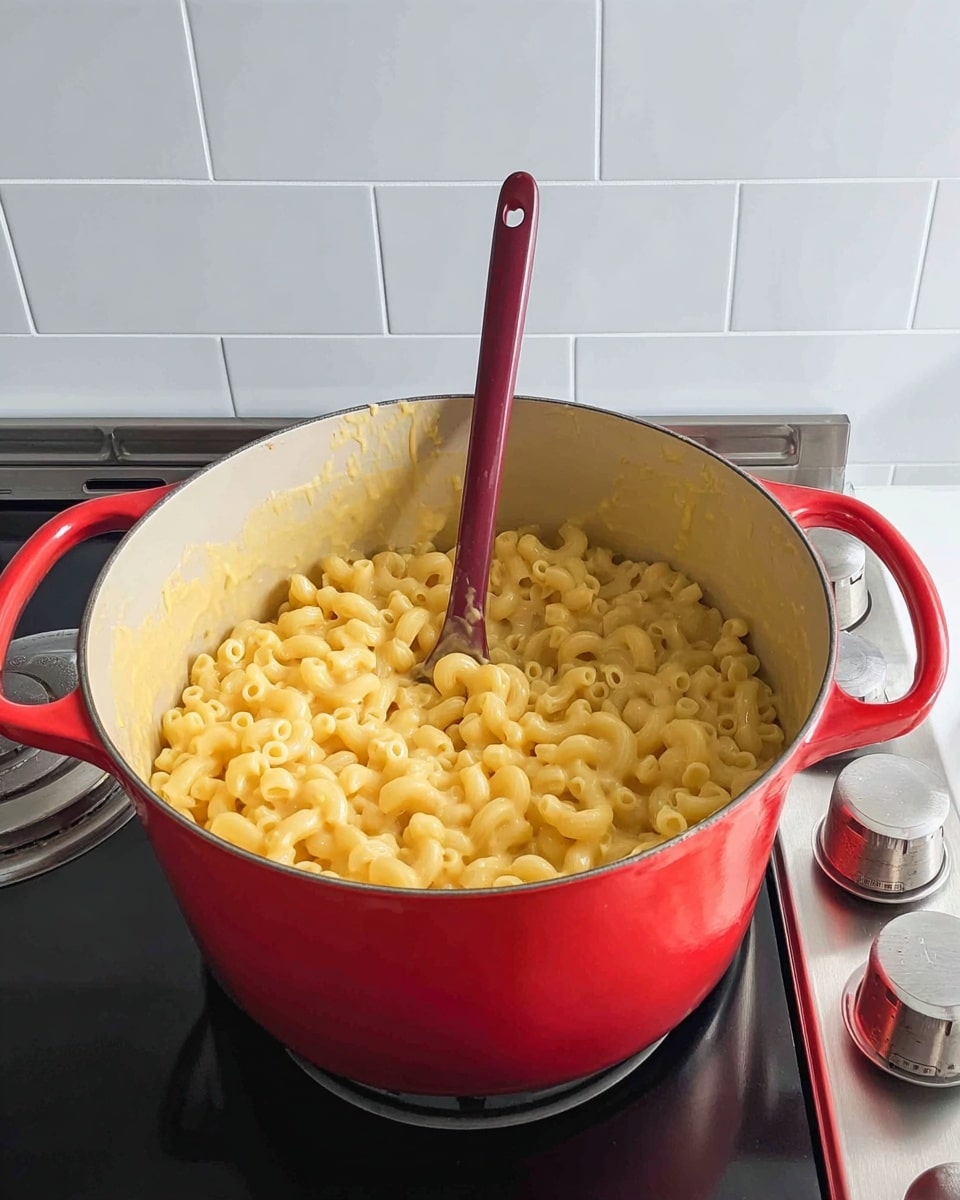 A bright red pot sits on a black stove top in front of a white tiled wall. Inside the pot, elbow macaroni pasta is mixed into a creamy yellow cheese sauce that clings to the sides of the pot. A tall, dark pink spoon stands upright, resting inside the pot among the pasta, which has a soft, smooth texture. The pot's red handles frame the rich mixture inside, and the shiny stove knobs are visible to the right. The scene is clean and simple with clear lighting. Photo taken with an iphone --ar 4:5 --v 7