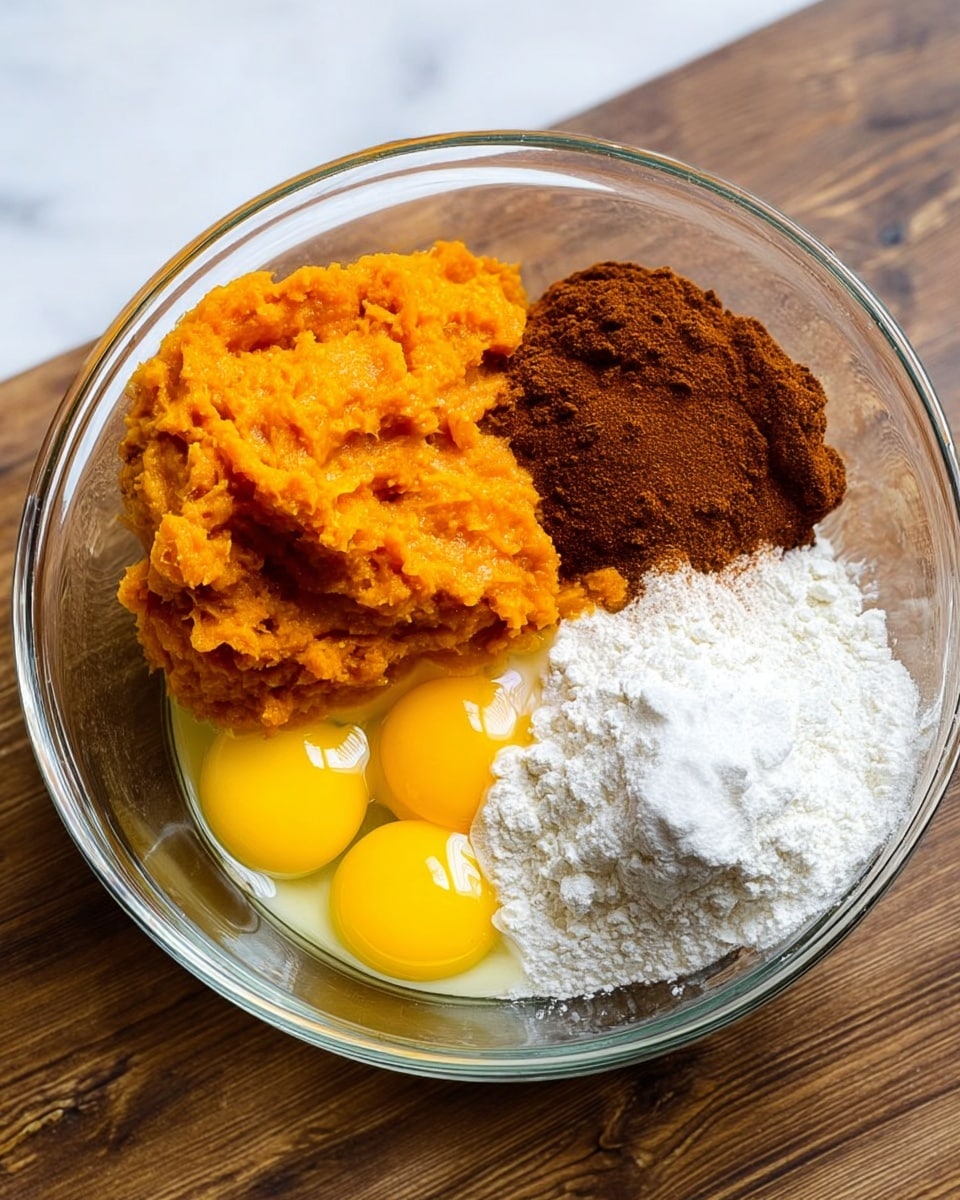 A clear glass bowl holds six layers of ingredients on a white marbled surface. On the left is a thick, mashed orange layer of pumpkin. To the right of the pumpkin puree are two cracked eggs, with bright yellow yolks sitting on clear, shiny egg whites. Above the eggs is a dark brown mound of cinnamon powder and to its right is a white heap of flour. Below the pumpkin and eggs is a granular white layer of sugar. The bowl is on a wooden table. photo taken with an iphone --ar 4:5 --v 7