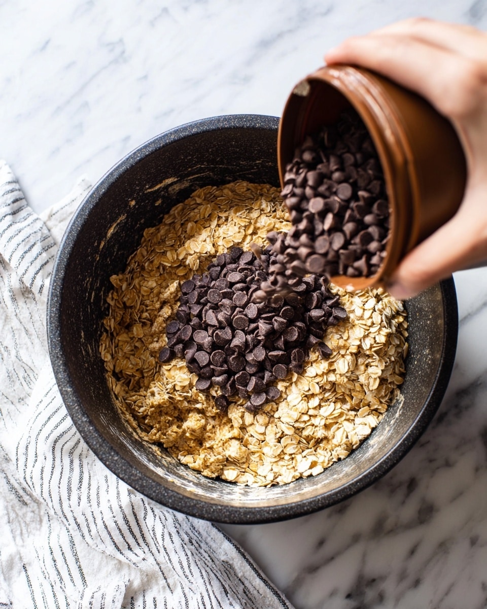 A close-up of a dark mixing bowl filled with a thick oat mixture showing visible rolled oats in a light golden color. On top of this mixture, a pile of small, round, dark brown chocolate chips sits in the center. A woman's hand is seen pouring more chocolate chips from a brown container into the bowl. The bowl is placed on a white marbled surface with a white and black striped cloth partially visible underneath. Photo taken with an iphone --ar 4:5 --v 7