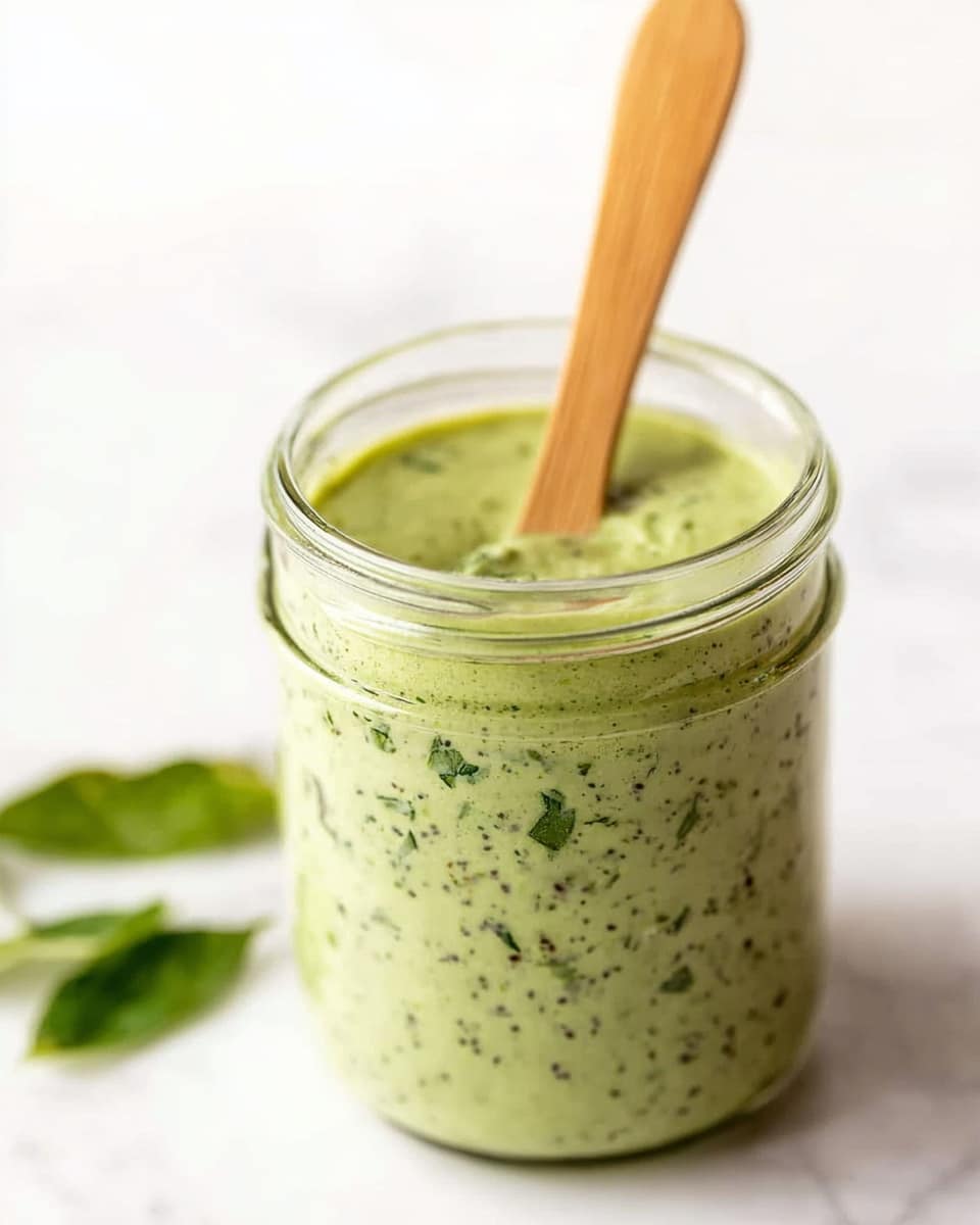 A clear glass jar filled with a thick, light green sauce that has small dark green and black specks throughout, indicating herbs and spices. Inside the jar, a pale wooden spoon is standing upright, partially submerged in the sauce. The jar is placed on a white marbled surface with a few blurred green leaves in the background, giving a fresh and simple look. photo taken with an iphone --ar 4:5 --v 7