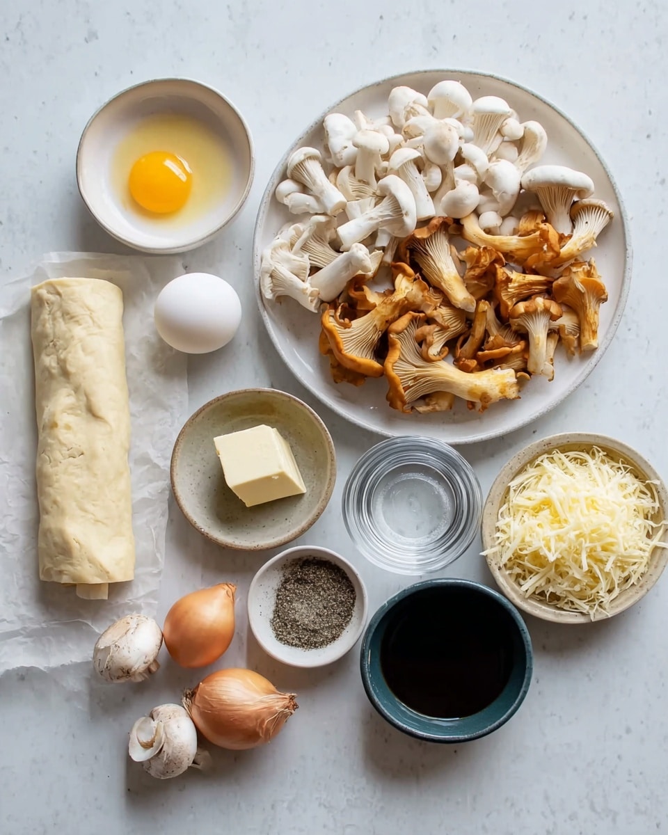 The image shows a variety of fresh ingredients arranged neatly on a white marbled surface. In the middle, there is a white plate filled with two types of mushrooms: light brown chanterelle mushrooms on the top half and white button mushrooms on the bottom half. To the left, a roll of dough is placed next to a small white bowl holding a single raw egg yolk. On the right side, there are several small bowls and plates containing different items: a shiny dark brown sauce in a dark blue bowl, a clear glass with a small amount of clear liquid, a beige bowl full of shredded cheese, a small white bowl with black pepper, another small bowl with a square slice of butter, and a white plate holding two shallots and two cloves of garlic. photo taken with an iphone --ar 4:5 --v 7