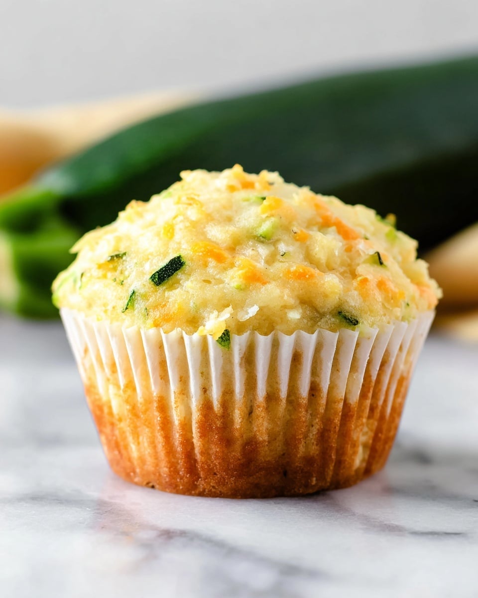 A single muffin with a light golden brown base visible through a white ridged paper liner, topped with a pale yellow, slightly crumbly layer mixed with small green specks and bright orange chunks scattered throughout. The muffin sits on a white marbled surface, with a blurred dark green zucchini in the background, adding a fresh touch to the scene. The texture looks soft with a mix of smooth and tiny chunky bits on top, creating a homemade, fresh-baked appearance. Photo taken with an iphone --ar 4:5 --v 7