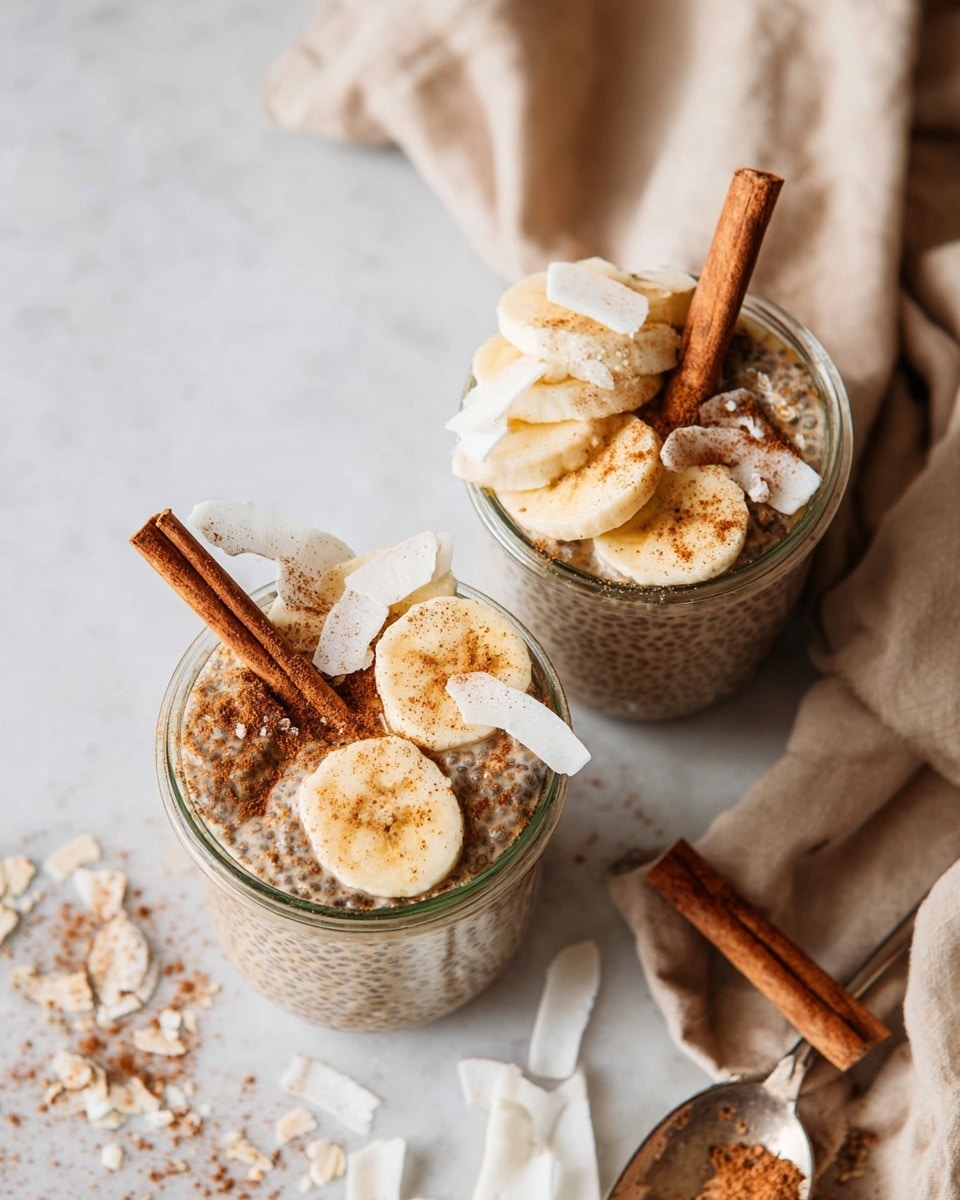 Two glass jars filled with a light brown chia pudding layer visible from the side, topped with slices of pale yellow banana arranged around the edge. On top of the banana slices, there are several wide, curved white coconut flakes scattered unevenly. Each jar has a single upright cinnamon stick inserted into the pudding off-center. A light dusting of brown cinnamon powder is sprinkled over the banana and coconut flakes inside the jars. The jars are placed on a white marbled surface with a beige cloth softly draped in the background and some loose coconut flakes and cinnamon sticks scattered around. Photo taken with an iphone --ar 4:5 --v 7