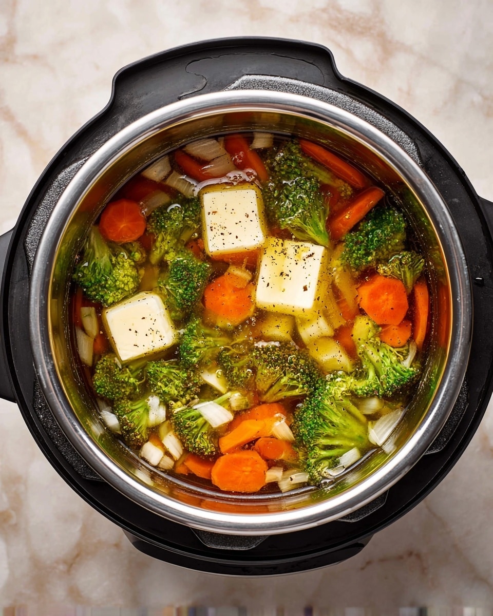 A top view of an electric cooker filled with clear broth soup. The soup has three main visible layers: at the bottom are small, solid pieces of white onion, thin orange carrot strips, and green broccoli florets. Floating on the top are two light yellow cubes of butter with a sprinkle of black pepper, partially melting in the broth. The cooker is black and silver and sits on a white marbled surface. photo taken with an iphone --ar 4:5 --v 7