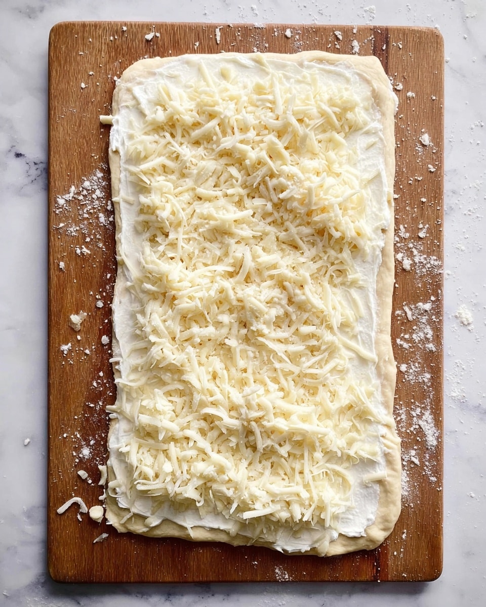 The image shows a rectangular piece of dough laid flat on a wooden board with a white marbled surface underneath. The dough is topped with a smooth, white layer of soft cheese spread evenly, covering almost the entire surface except the edges. On top of this cheese layer, there is a scattering of shredded white cheese spread across all parts of the dough. The edges of the dough are slightly rounded, and some cheese bits have fallen onto the wooden board. The scene is bright and clear, emphasizing the texture of the soft cheese and the shreds of cheese on the dough. Photo taken with an iphone --ar 4:5 --v 7