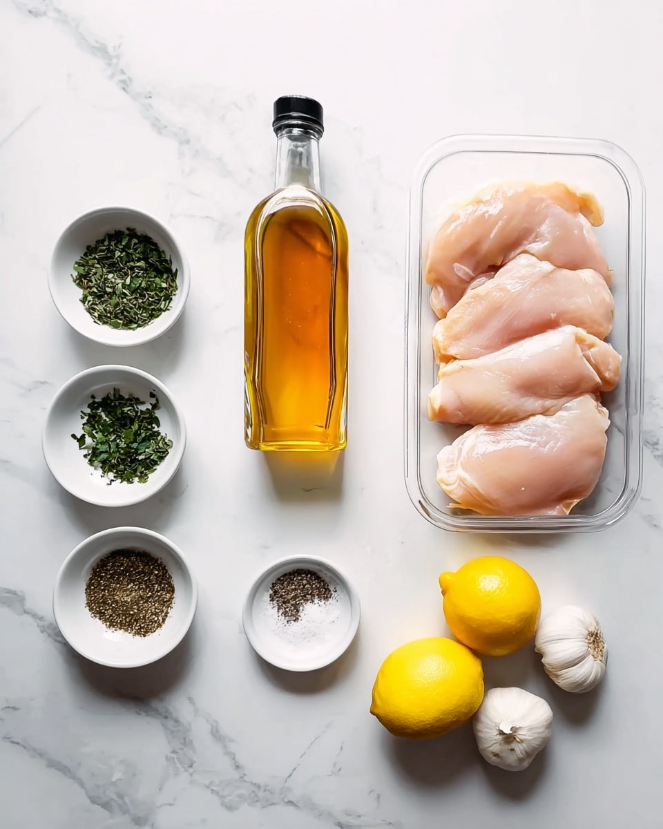 The image shows a white marbled surface with several cooking ingredients laid out neatly. On the right side, there is a clear plastic container holding four pieces of raw light pink chicken. Below the chicken, there is a glass bottle filled with amber-colored liquid, placed horizontally with a black cap at the bottom. To the right of the bottle is a small white dish holding a small pile of salt and ground black pepper. Above the chicken is a bottle of golden olive oil standing upright. The left side features three small white bowls arranged near each other, each containing green herbs with slightly different textures and shades. Between the bowls and chicken are two whole yellow lemons and a bulb of garlic. Photo taken with an iphone --ar 4:5 --v 7