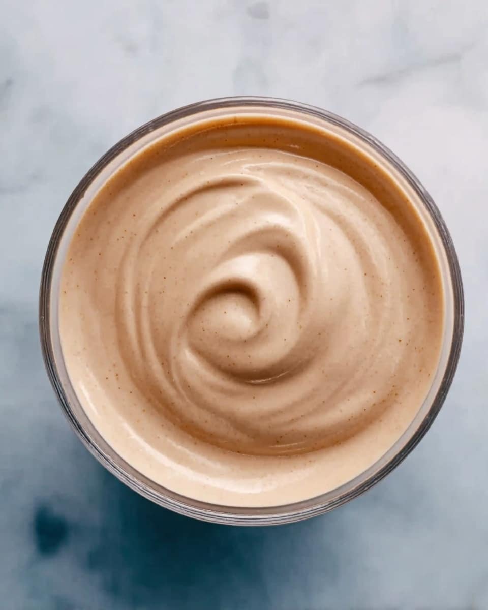 A top view of a single layer of light brown creamy mousse with smooth texture and some gentle swirls, inside a clear glass bowl, set on a white marbled surface. photo taken with an iphone --ar 4:5 --v 7