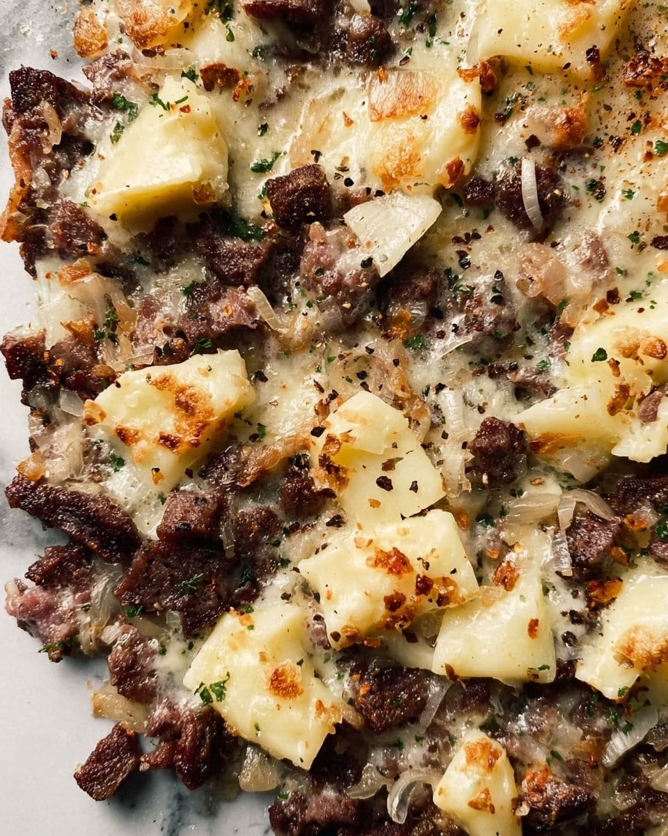 The image shows a close-up of a cooked dish with multiple layers. The base layer consists of small pieces of cooked dark brown meat scattered unevenly. Mixed in are bits of light brown cooked onions adding texture and color contrast. On top are irregular patches of melted pale yellow cheese with a creamy texture, some pepper flakes sprinkled across the surface. The whole dish is shown steaming slightly, indicating it is hot and fresh. The background is a white marbled texture. photo taken with an iphone --ar 4:5 --v 7