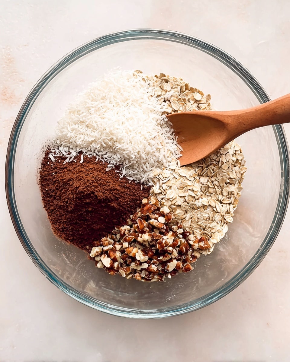 Inside a clear glass mixing bowl, four distinct dry ingredients sit in separate piles. On the left side, there is a white shredded coconut layer with a fluffy texture. Below it, a smooth dark brown cocoa powder layer creates contrast. On the right side, two layers of oats and chopped nuts fill the space—the oats are light beige with a flat texture, and the nuts have a rough texture with a mix of brown and off-white colors. A wooden spoon with a rounded end lies on top of the oats and nuts. The bowl is placed on a white marbled surface. photo taken with an iphone --ar 4:5 --v 7