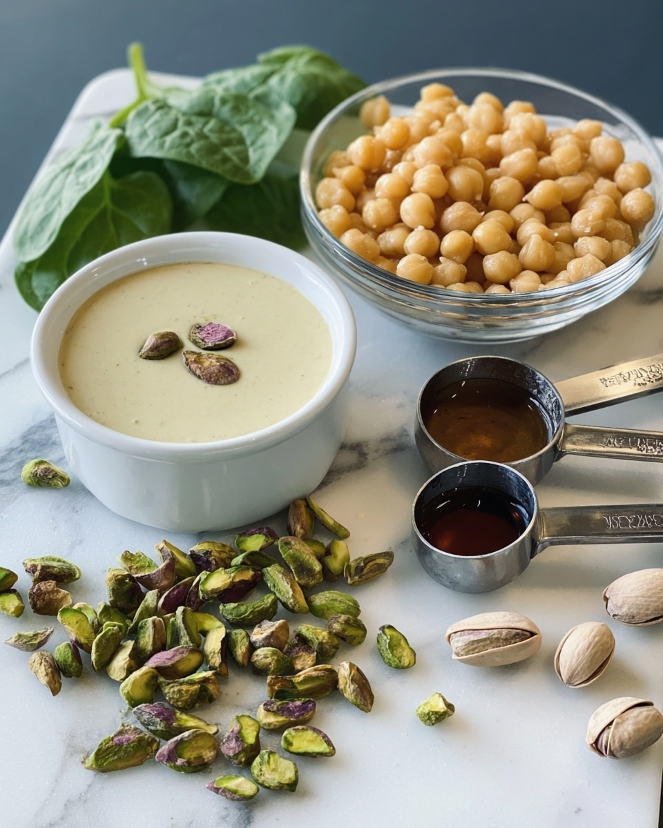 The image shows a small white bowl filled with pale beige creamy sauce, garnished with three pistachio nuts in the center, placed on a white marbled surface. Beside it, there is a clear glass bowl filled with light yellow chickpeas. In front of the bowls, there is a scattered pile of greenish-brown pistachios. Two metal measuring spoons, one containing a dark brown liquid and the other empty, lie next to the chickpeas and pistachios. Fresh green spinach leaves are placed behind the bowls, adding a touch of color to the scene. The photo is taken with an iphone --ar 4:5 --v 7