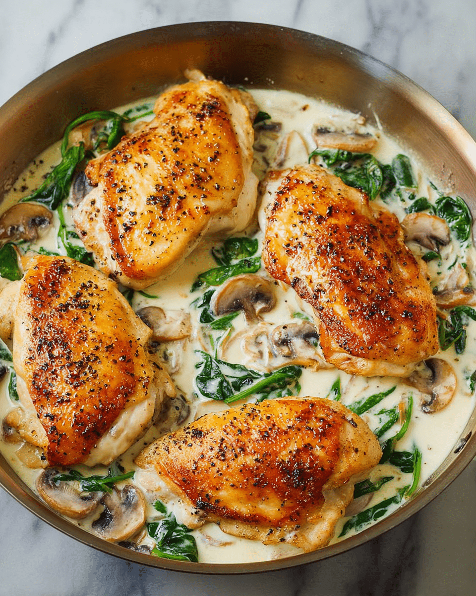 Four golden brown chicken pieces sit on the top layer in a round pan. The chicken has a crispy texture with black pepper sprinkled on it. Below the chicken is a creamy white sauce layer with visible light beige mushroom slices and dark green spinach leaves mixed in. The pan is placed on a white marbled surface. photo taken with an iphone --ar 4:5 --v 7