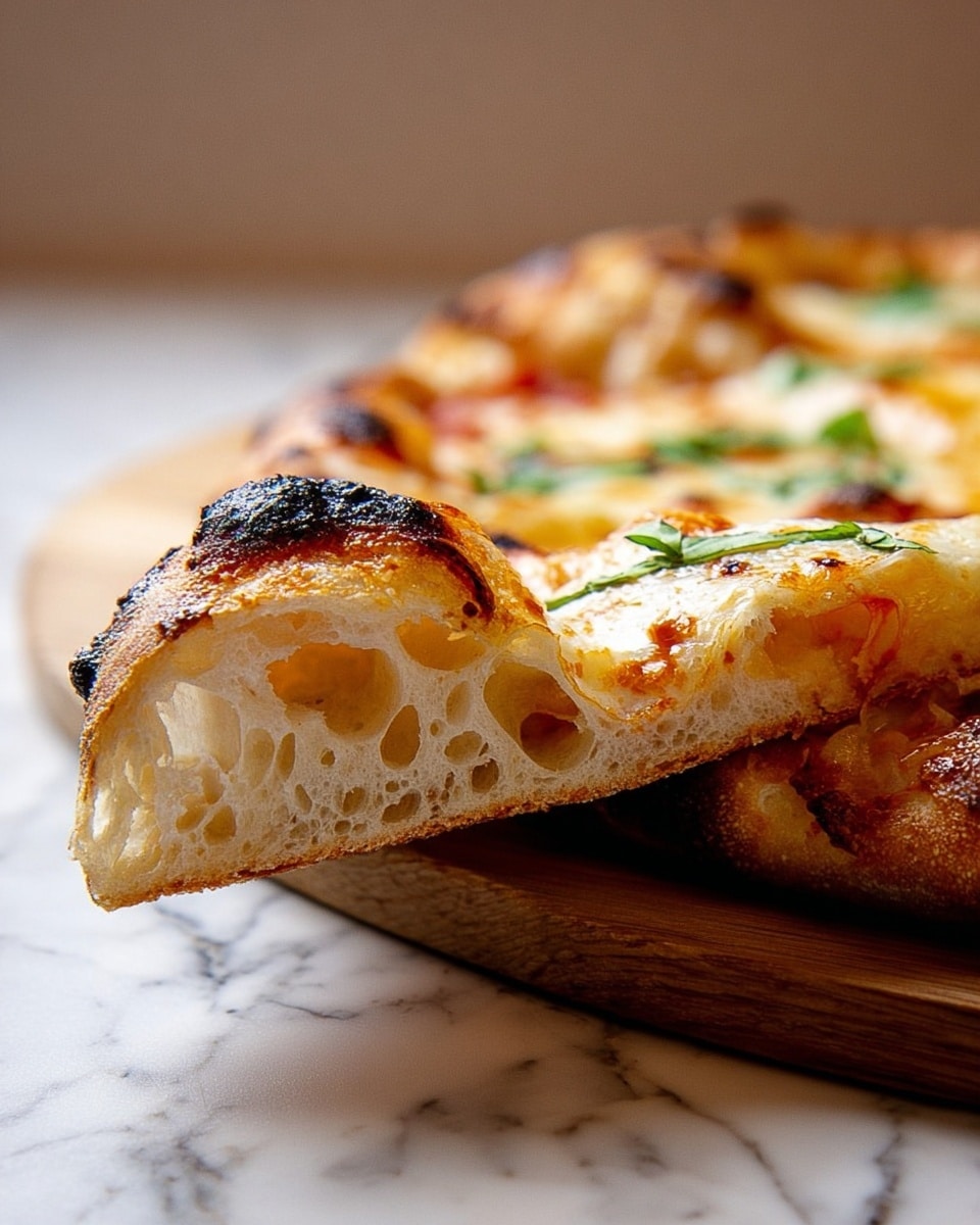 The image shows a close-up of a pizza slice lifted off from the main pizza on a wooden board. The pizza has three visible layers: the top crispy, slightly charred layer with a light golden color and some dark tips, the middle airy and soft layer with many open holes, and the bottom thick, golden-brown crust with some toasted marks. The toppings include a thin layer of melted cheese and small green herbs. The background surface is a white marbled texture. photo taken with an iphone --ar 4:5 --v 7