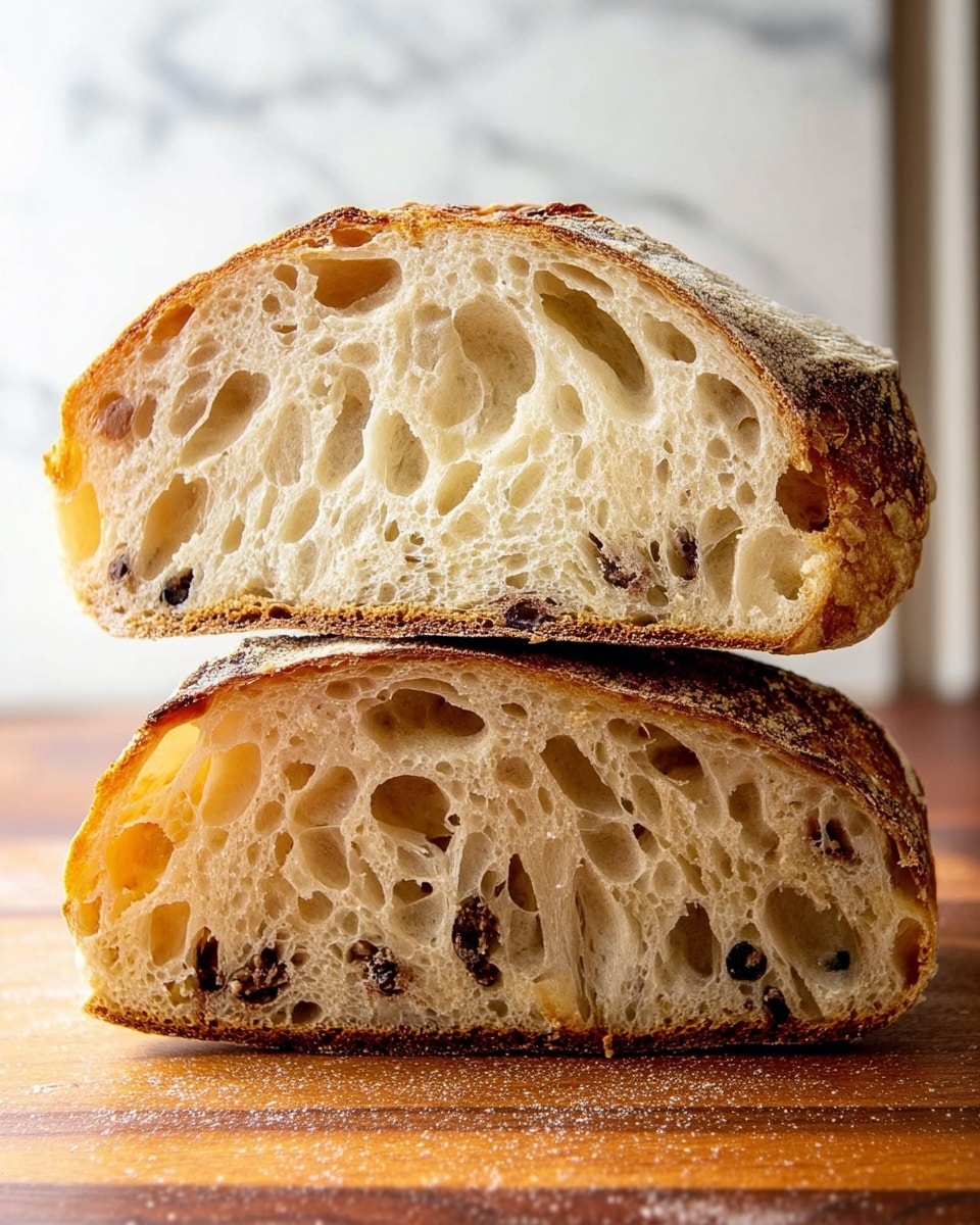 The image shows a loaf of bread cut in half and stacked on top of each other. The bread has two main layers: the outer crust is golden brown and slightly crispy, while the inside is light cream-colored with a soft, airy texture full of large holes. Dark olive pieces are scattered evenly throughout the soft bread, adding contrast and texture. The bread is placed on a wooden board with a white marbled texture visible in the background. The photo taken with an iphone --ar 4:5 --v 7