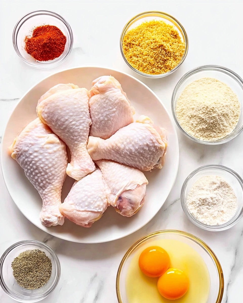 A white plate sits in the center on a white marbled surface, holding six raw chicken drumsticks arranged in a slightly overlapping circular pattern, showing pale pink skin and some texture from the chicken's surface. Around the plate, seven small clear glass bowls are spread out: one with bright red powdery seasoning, one with yellow granular seasoning, one with shredded light yellow crumbs, one with powdery light beige flour, one with two cracked raw eggs with bright yellow yolks in oil, one with black pepper, and one with white salt. The colors contrast against the white marbled background, and the lighting is bright and clear. Photo taken with an iphone --ar 4:5 --v 7