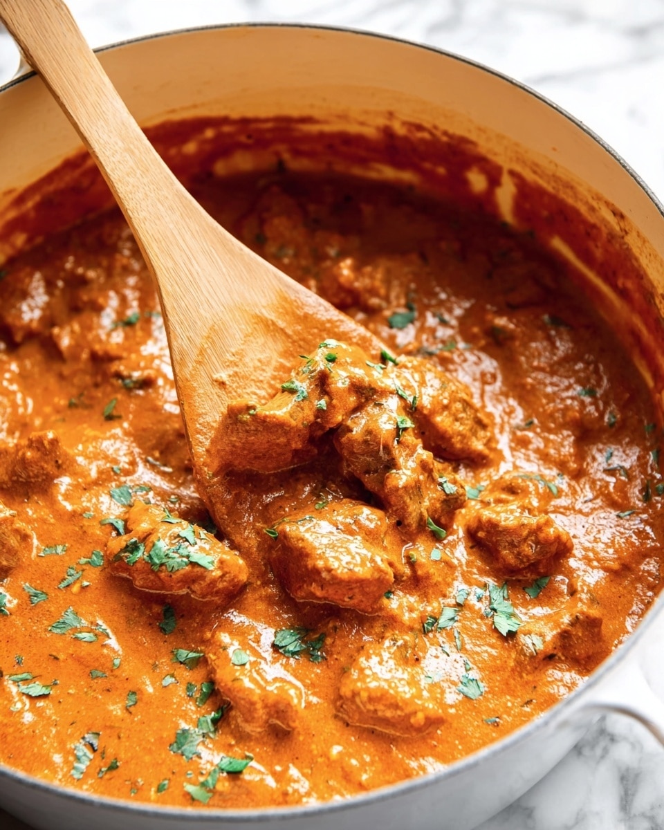 The image shows a close-up of a thick, bright orange sauce filled with tender pieces of meat, all mixed in a white pot. The sauce looks smooth and creamy with a rich texture, while small green cilantro leaves are sprinkled on top for color contrast. A wooden spoon is stirring the dish, lifting pieces of meat coated in the sauce. The background is a white marbled texture. photo taken with an iphone --ar 4:5 --v 7