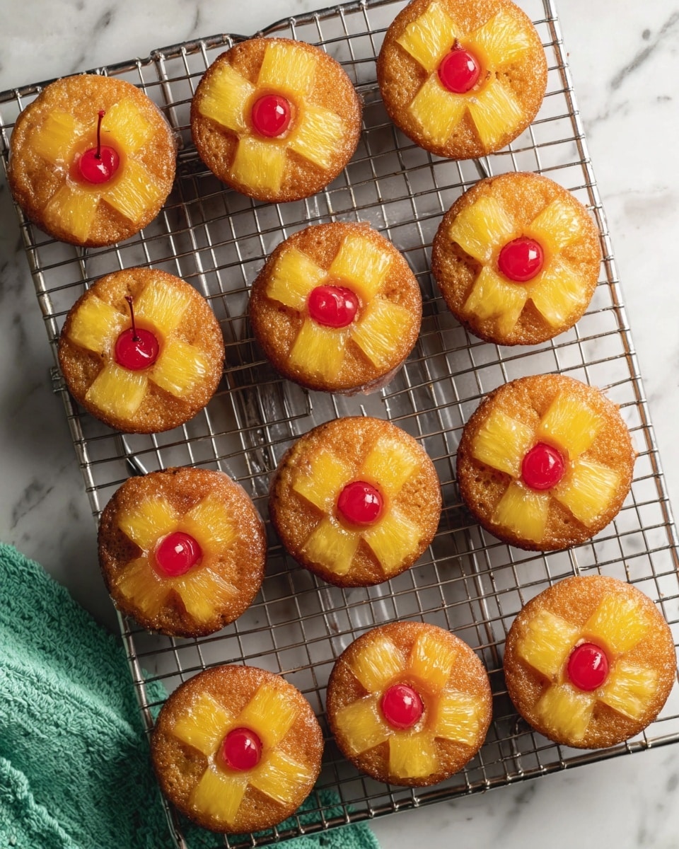 There are eleven pineapple upside-down cupcakes arranged on a metal cooling rack. Each cupcake has three yellow pineapple pieces forming a triangle on top, with one red cherry in the center. The cupcakes have a golden brown color and look moist. The background is a white marbled texture with a green cloth partially visible in the bottom left corner. The photo taken with an iphone --ar 4:5 --v 7