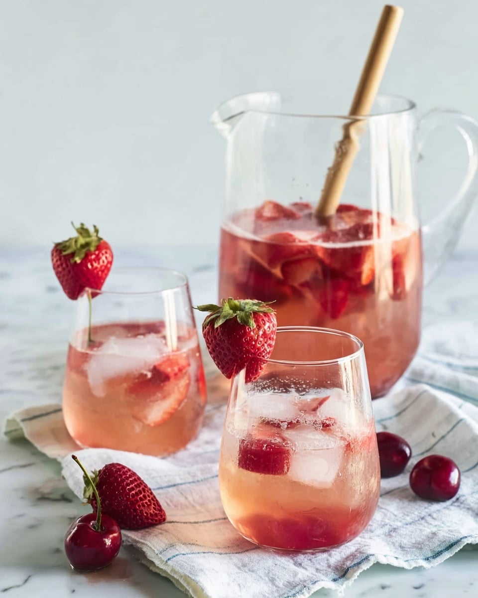 The image shows a clear glass pitcher in the back filled halfway with light pink and red liquid and small red fruit pieces, with a wooden stir stick inside. In front of the pitcher, there are two clear glasses filled with the same pinkish drink, ice cubes, and red fruit pieces floating inside. Each glass is decorated with a whole strawberry on the rim. The pitcher and glasses sit on a white marbled surface with a white and blue striped cloth partially underneath. A few strawberries and a cherry lay near the glasses. The scene is bright with a simple white background. photo taken with an iphone --ar 4:5 --v 7