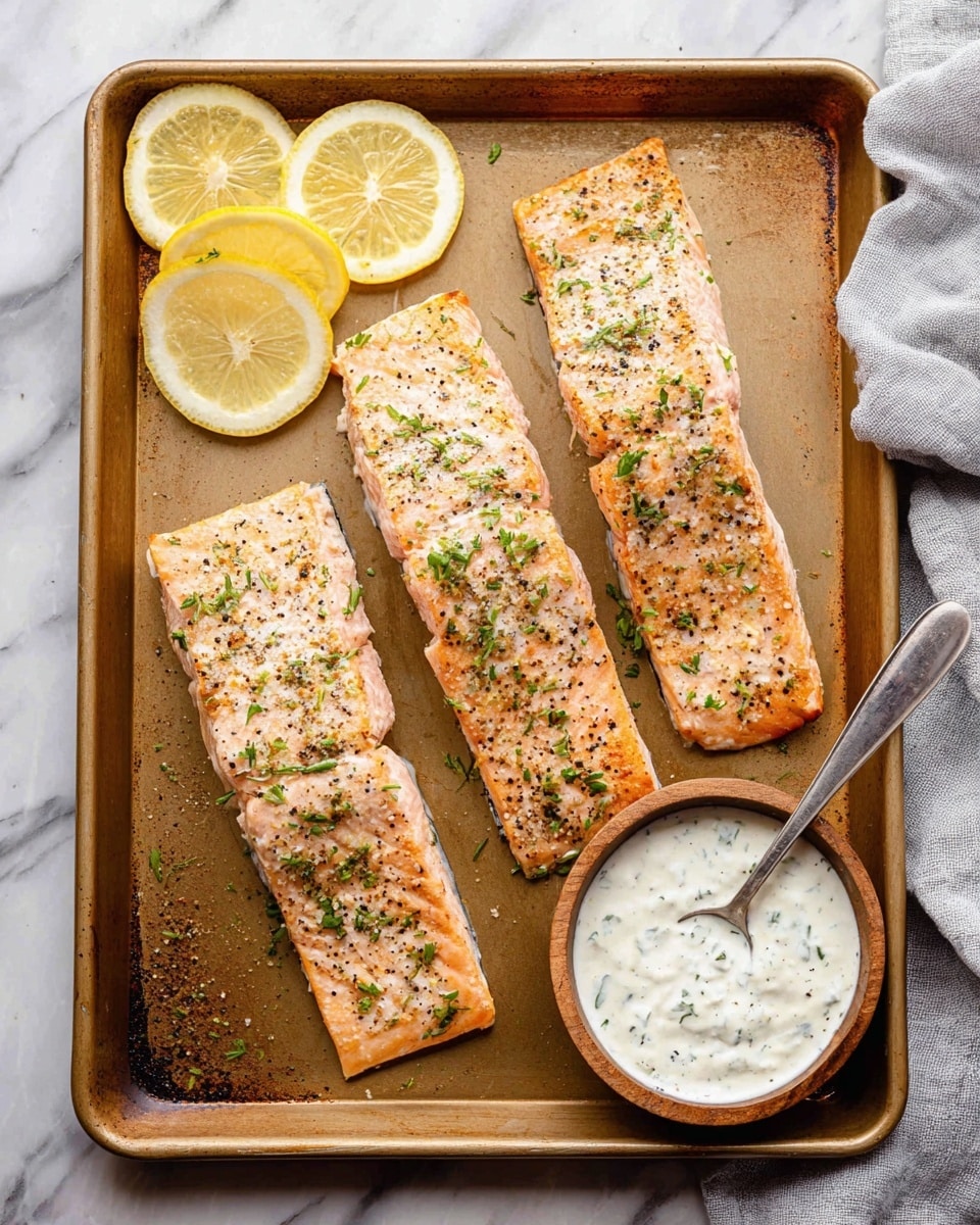 Four pieces of cooked salmon fillets are arranged side by side on a golden brown metal tray, each fillet topped with small sprinkles of green herbs and black pepper. In the top left corner of the tray, five lemon wedges are grouped together showing bright yellow skin and juicy pale yellow insides. On the right side of the tray, there is a small round wooden bowl filled with creamy white dill sauce with green herb pieces visible, and a silver spoon inside the bowl. A white cloth is partially visible in the top right corner, and the entire tray is set against a white marbled surface. Photo taken with an iphone --ar 4:5 --v 7