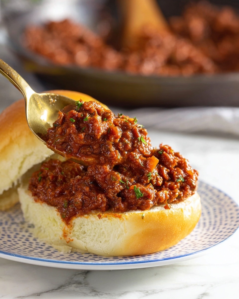 A close-up shows a white bun bottom placed on a white plate with small blue dots. On the bun is a thick layer of rich, chunky red meat sauce with visible small pieces of meat and onion, sprinkled with tiny green herb bits. A large golden spoon is lifting some of the sauce onto the bun. In the soft-focus background, a skillet with more of the sauce is seen on a white marbled surface. The warm colors highlight the sauce’s texture and moisture. photo taken with an iphone --ar 4:5 --v 7