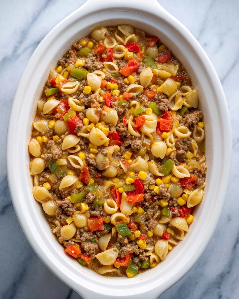 The dish is in a white oval ceramic bowl filled with a colorful mix of small shell pasta, ground meat in brown, and diced vegetables including red and green bell peppers, and yellow corn kernels all evenly mixed together, creating a textured and vibrant surface with a slight shine. The pasta is pale yellow and the ingredients appear soft and well-cooked, with some sauce coating everything lightly. The bowl is placed on a white marbled surface. photo taken with an iphone --ar 4:5 --v 7