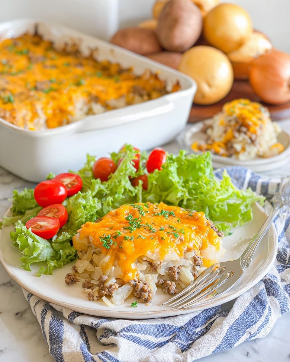 A white plate holds a layered casserole and fresh salad. The casserole has two visible layers: the bottom layer is a mix of light beige shredded potatoes and cooked ground beef in small brown pieces, while the top layer is melted bright orange cheese with a slightly browned crust and sprinkled with green herbs. The fresh salad beside it shows bright green leafy lettuce with halved red cherry tomatoes adding color. Behind the plate, there is a white casserole dish filled with the same cheesy casserole, and in the background, yellow onions and brown potatoes sit on a white marbled surface. A large spoon rests near the onions, holding a scoop of the casserole. A silver fork lays on a blue and white striped cloth beneath the plate. photo taken with an iphone --ar 4:5 --v 7