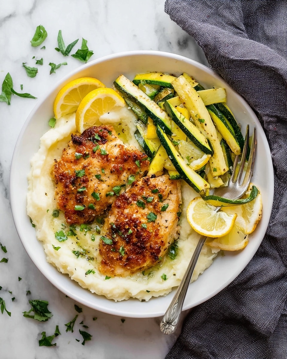 A white round plate holds a dish with three main layers. The bottom layer is creamy mashed potatoes, smooth and white with slight texture, spread across half the plate. On top of this, two cooked chicken pieces sit side by side, golden brown with crispy edges, garnished with small chopped green herbs. A lemon slice is partially under one chicken piece, and another lemon slice rests on the side. The third layer on the opposite half of the plate is sautéed zucchini and yellow squash cut into sticks, green and pale yellow in color, piled neatly with a silver fork resting in the vegetables. The plate sits on a white marbled surface with small green herb leaves scattered around and a folded dark gray cloth on the right. photo taken with an iphone --ar 4:5 --v 7