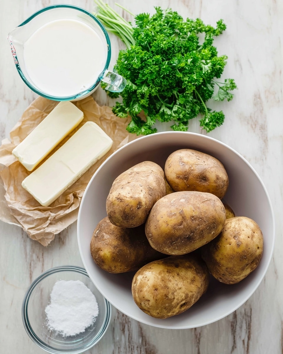 A white bowl filled with several rough brown potatoes sits on a white marbled surface. Next to the bowl are two sticks of butter wrapped in paper, a clear glass measuring cup filled with milk, a small clear glass bowl with white salt, and a small bunch of fresh green parsley. The textures contrast between the smooth milk, the rough potato skins, and the soft parsley leaves. Photo taken with an iphone --ar 4:5 --v 7