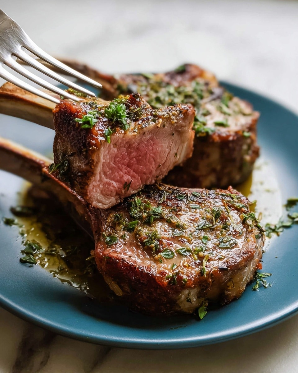A white plate holds two thick lamb chops stacked, each with a golden-brown grilled crust seasoned with green herbs on top and around. The front lamb chop is sliced to show a pink, tender inside. A fork is holding the back chop, showing the juicy texture. The plate sits on a white marbled surface. photo taken with an iphone --ar 4:5 --v 7
