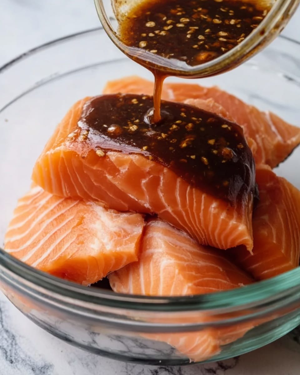 A clear glass bowl holds several thick, raw salmon fillets stacked unevenly inside. The salmon layers show a soft orange color with visible pale lines of fat. A rich, dark brown sauce with visible small bits of garlic or spices is being poured from a small glass container onto the top layer of salmon. The sauce spreads smoothly over the fish, creating a glossy contrast to the matte fish texture. The background shows a white marbled surface. photo taken with an iphone --ar 4:5 --v 7