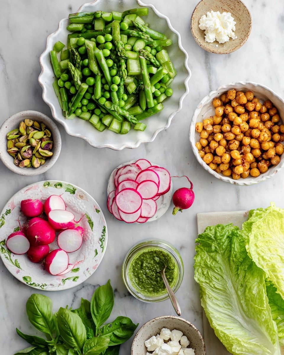 The image shows several bowls and plates arranged on a white marbled surface, each holding different fresh ingredients. At the top is a white bowl filled with bright green asparagus pieces cut into small sections. Below it, on the left, is a white scalloped plate loaded with fresh, vibrant green peas. In the center, there are three small whole radishes with red skin and white insides, next to a small bowl of thinly sliced radish rounds. To the right, there is a small clear jar filled with a green sauce with a spoon inside it, alongside a white bowl of chopped pistachios. Further right, a larger white bowl contains golden, roasted chickpeas. At the bottom left a patterned white plate holds slices of watermelon radish with a pink center and light outer ring, and next to it, a small rustic bowl has white crumbled cheese. Finally, bright green leaves of butter lettuce and fresh basil are laid out near the center bottom. The photo taken with an iphone --ar 4:5 --v 7