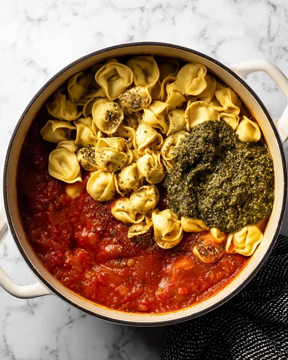 A white pot filled with three main layers: the bottom layer is a thick red tomato sauce with visible herbs sprinkled over it, the middle layer consists of yellowish uncooked tortellini pasta scattered unevenly on top, and the top layer shows a dark green dollop of pesto sauce on one side. The pot rests on a white marbled surface with a textured black and white cloth on the right side, adding contrast. The image is bright and clear, showing the different textures of the sauces and pasta. photo taken with an iphone --ar 4:5 --v 7